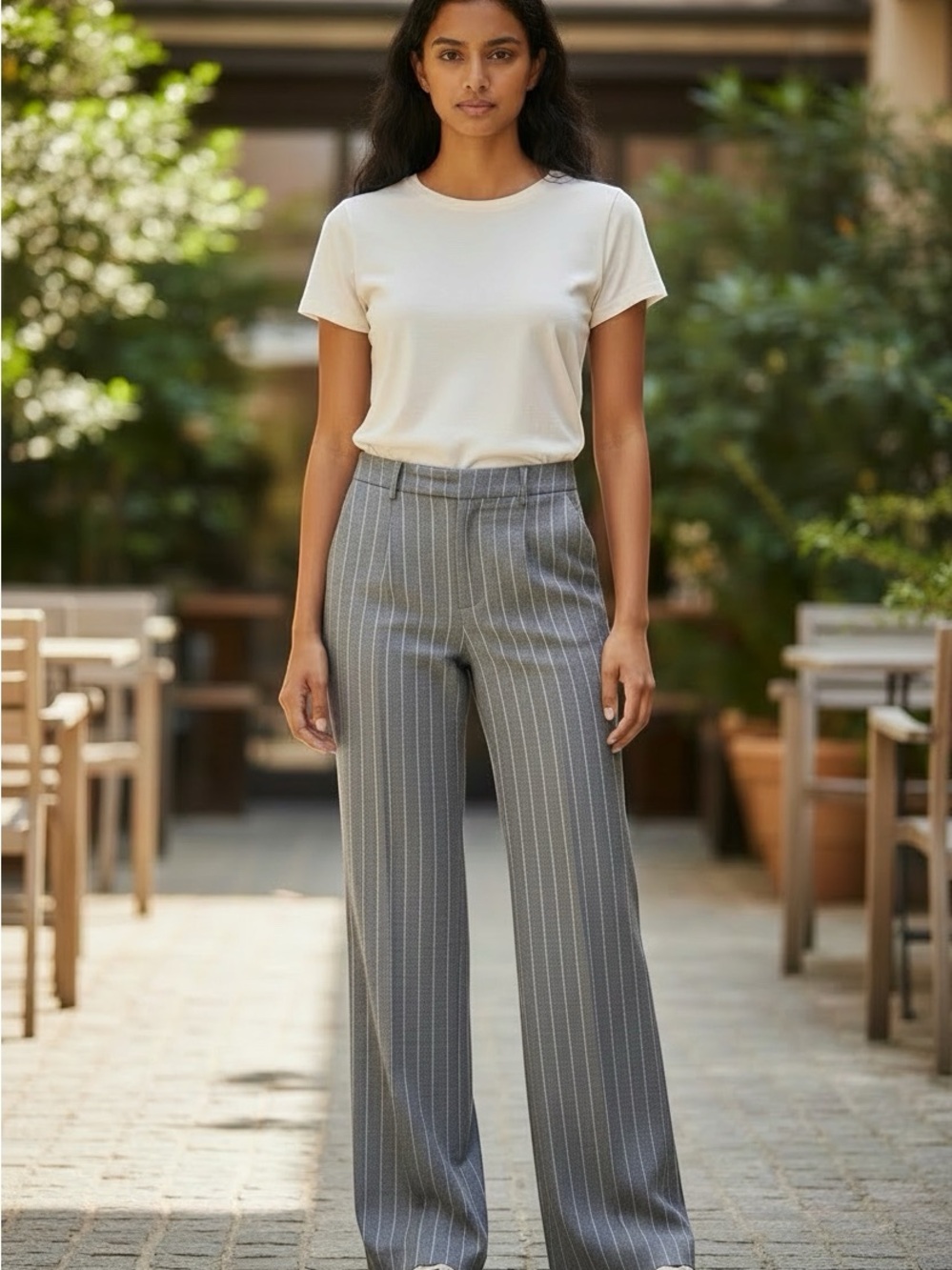 Faconnable Gray Pinstripe Linen Wide-Leg Trousers Finished legs UnhemmedSize 14